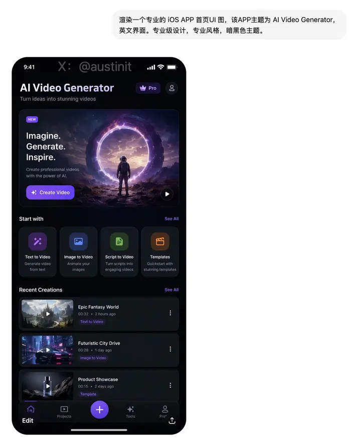 AI Video Generator Dark App UI, made with Kromoss AI