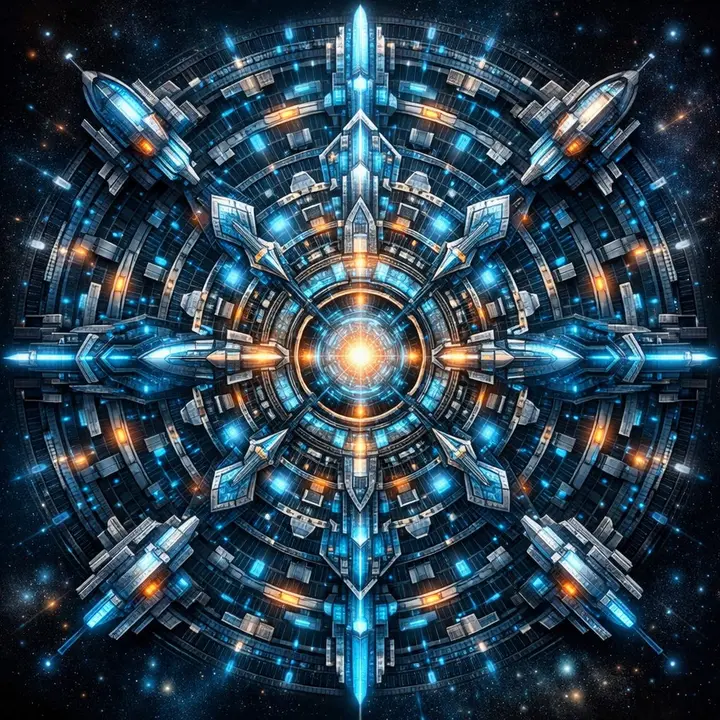 Cyberpunk Sci-Fi Mandala, made with Kromoss AI