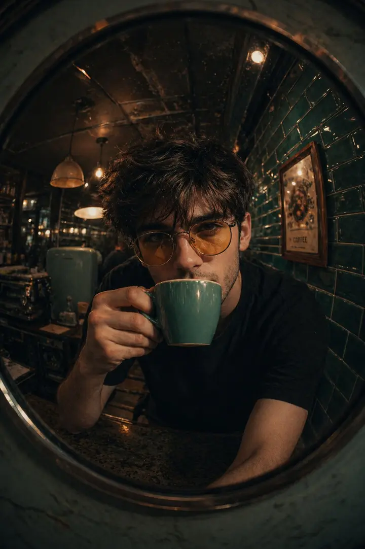 Fisheye Retro Cafe Portrait, made with Kromoss AI