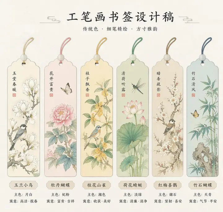 Gongbi Painting Bookmark Designs, made with Kromoss AI