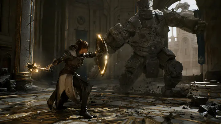 Knight Mage Versus Stone Golem, made with Kromoss AI