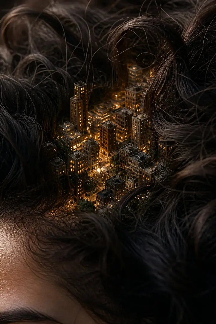 Miniature City Hidden in Hair, made with Kromoss AI