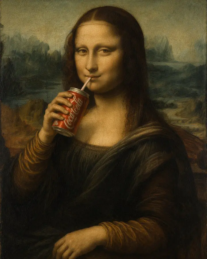 Mona Lisa Drinking Cola Painting, made with Kromoss AI