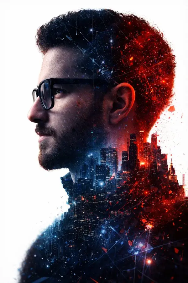 Neon Double Exposure Cityscape Portrait, made with Kromoss AI