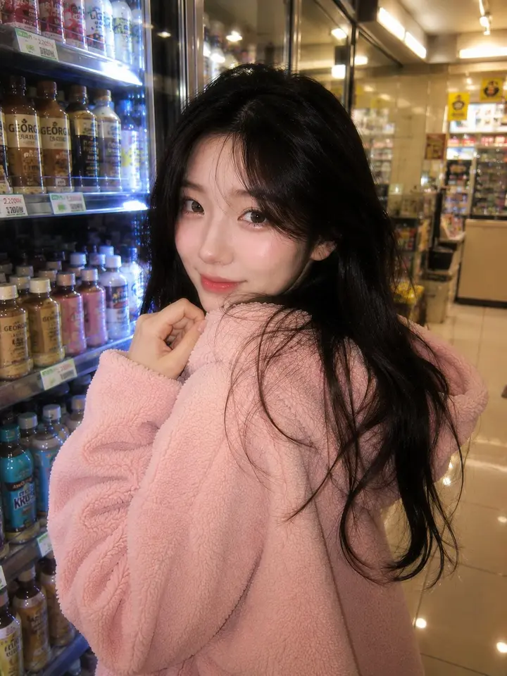 Pink Hoodie Convenience Store Portrait, made with Kromoss AI