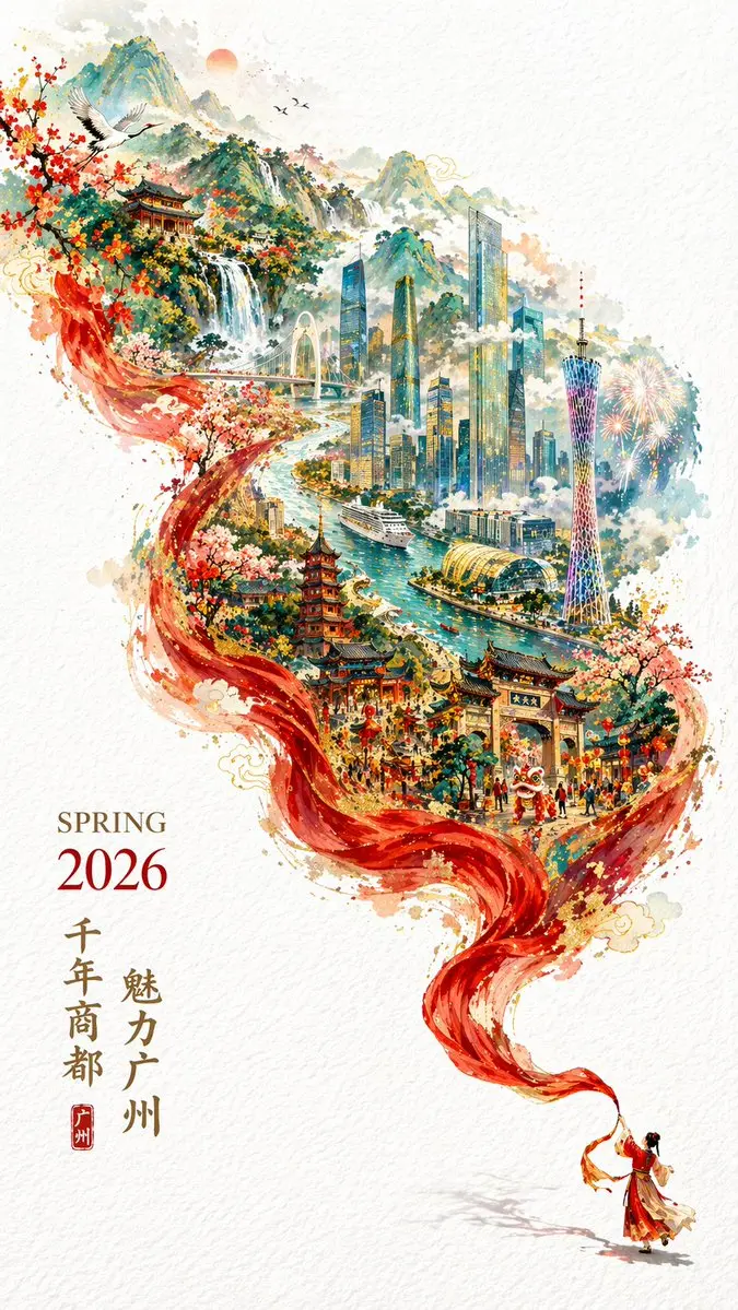 Red Silk Guangzhou Spring Festival Poster, made with Kromoss AI