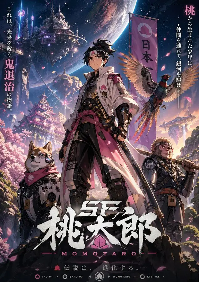 Sci-Fi Momotaro Key Visual, made with Kromoss AI